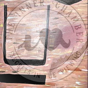May include: Abstract painting with a textured, pink and gold background. Black geometric shapes include a rectangle, a square, and a shape resembling a pillow. The words "INNER CHAMBER" and "SECRETS IN THE VIEW" are visible.