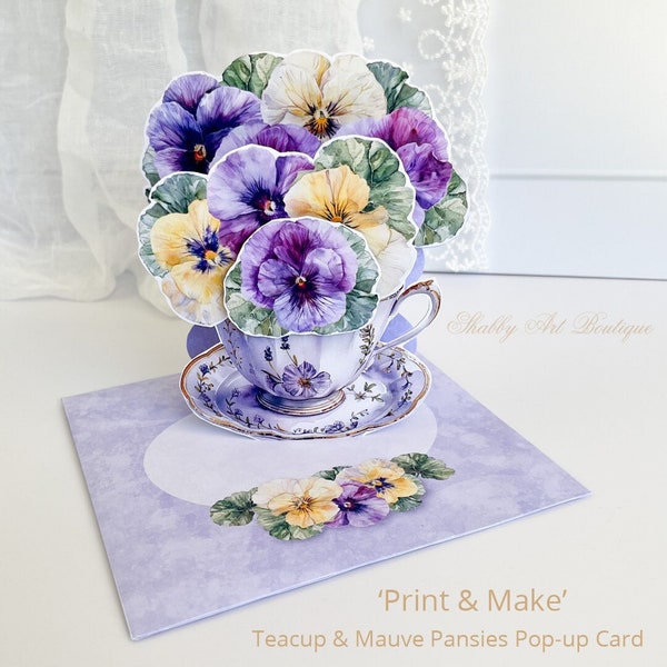 Print & Make: Pop-up-Karte mit Teetasse und lila Stiefmütterchen (Letter und A4)