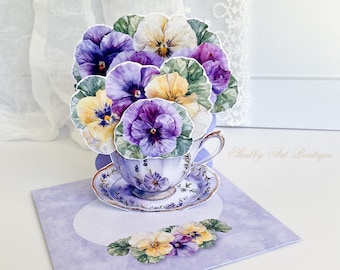 Stampa e crea: biglietto pop-up con tazza da tè e viole del pensiero color malva (Lettera e A4)