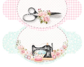 May include: Two oval-shaped printable labels with a pink and white gingham pattern and a light blue and white floral pattern. The top label features a pair of vintage scissors with a bouquet of pink roses. The bottom label features a vintage sewing machine with pink roses, spools of thread, and a pincushion.