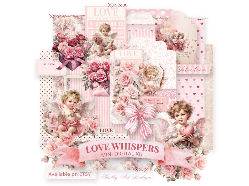 May include: A digital scrapbooking kit with a pink and white color scheme featuring cherubs, roses, and the text "LOVE WHISPERS MINI DIGITAL KIT".