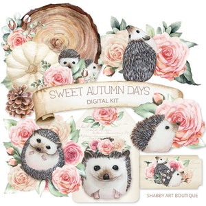May include: Digital clipart set featuring watercolor illustrations of hedgehogs, roses, and fall foliage. The set includes a banner with the text "Sweet Autumn Days Digital Kit" and a sign with the text "Shabby Art Boutique".