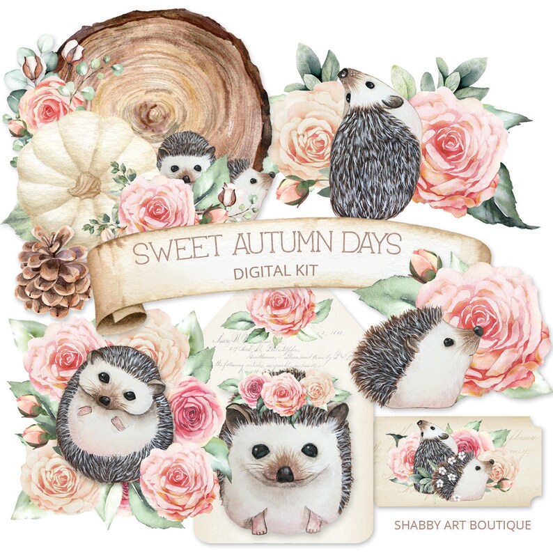 May include: Digital clipart set featuring watercolor illustrations of hedgehogs, roses, and fall foliage. The set includes a banner with the text "Sweet Autumn Days Digital Kit" and a sign with the text "Shabby Art Boutique".