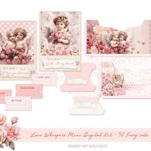 May include: A digital scrapbooking kit with a pink and white color scheme featuring images of angels, roses, and hearts. The kit includes 50 fussy-cuts and the text "Love Whispers Mini Digital Kit - 50 Fussy-cuts" and "Shabby Art Boutique".