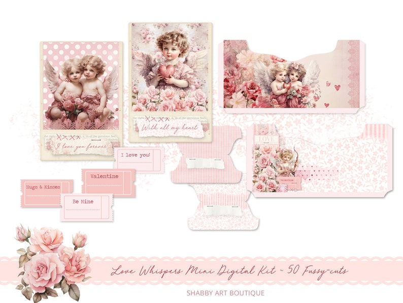 May include: A digital scrapbooking kit with a pink and white color scheme featuring images of angels, roses, and hearts. The kit includes 50 fussy-cuts and the text "Love Whispers Mini Digital Kit - 50 Fussy-cuts" and "Shabby Art Boutique".