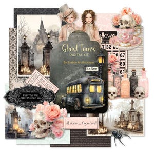 May include: A digital kit with a spooky theme, featuring illustrations of a haunted house, a vintage bus, skulls, and roses. The kit includes the text "Ghost Tours" and "Haunting the Streets Since 1865". The color palette includes shades of pink, gray, and black.