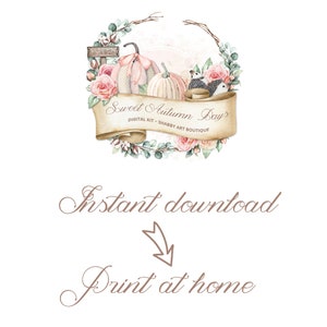May include: A watercolor illustration of a wreath with pink roses, green leaves, and pumpkins. The wreath has a banner that says "Sweet Autumn Days Digital Kit - Shabby Art Boutique".