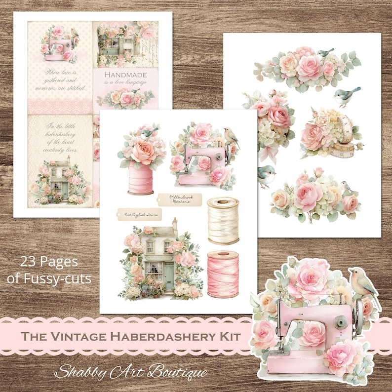 US Letter Vintage Haberdashery Digital Kit, Sewing Ephemera, Lace Bobbins, Button Cards, Printable Papers, Junk Journal, image 2