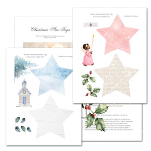 Op de afbeelding: Printbare kerstster-labels met een winterwonderland-thema. De labels tonen een blauwe ster met een kerk en bomen, een roze ster met een engel en een witte ster met hulst.