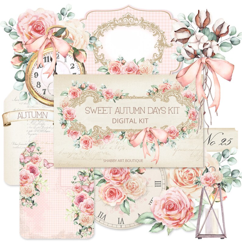 May include: Digital scrapbooking kit with a vintage aesthetic featuring pink roses, clocks, and a banner that reads "Sweet Autumn Days Kit Digital Kit".
