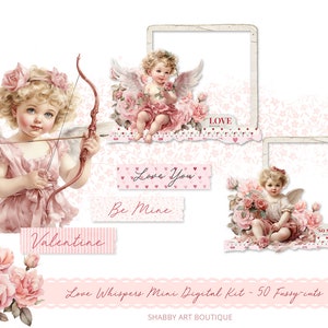 May include: A digital scrapbooking kit with a pink and white color scheme featuring images of cherubs, roses, and hearts. The kit includes the text "Love You", "Be Mine", "Love", "Valentine", and "So Sweet".