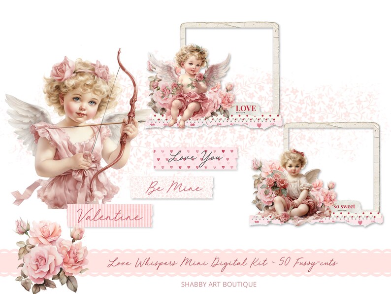 May include: A digital scrapbooking kit with a pink and white color scheme featuring images of cherubs, roses, and hearts. The kit includes the text "Love You", "Be Mine", "Love", "Valentine", and "So Sweet".