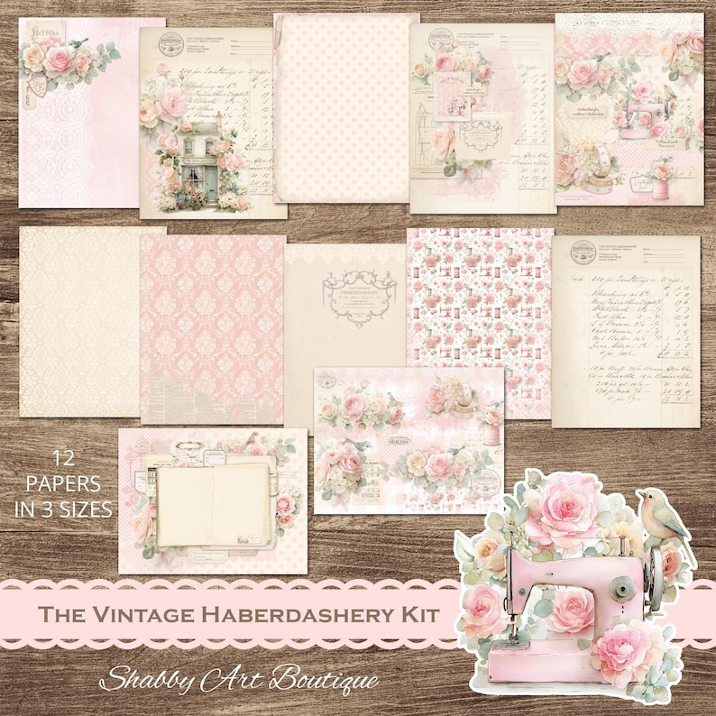 US Letter Vintage Haberdashery Digital Kit, Sewing Ephemera, Lace Bobbins, Button Cards, Printable Papers, Junk Journal, image 7