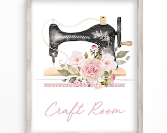 Shabby Chic Craft Room Art Print – Sewing Machine & Flowers (Digital Download)