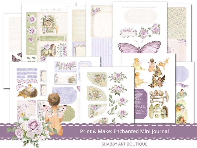 May include: A printable set of digital papers and images featuring fairies, butterflies, mushrooms, and floral designs in shades of purple, green, and white. The text "Print & Make: Enchanted Mini Journal" and "SHABBY ART BOUTIQUE" is included.