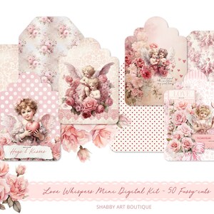 May include: A digital scrapbooking kit with 50 printable images featuring angels, roses, and hearts in pink, white, and red. The kit includes the text "Love Whispers Mini Digital Kit - 50 Fussy-cuts" and "Hugs & Kisses".