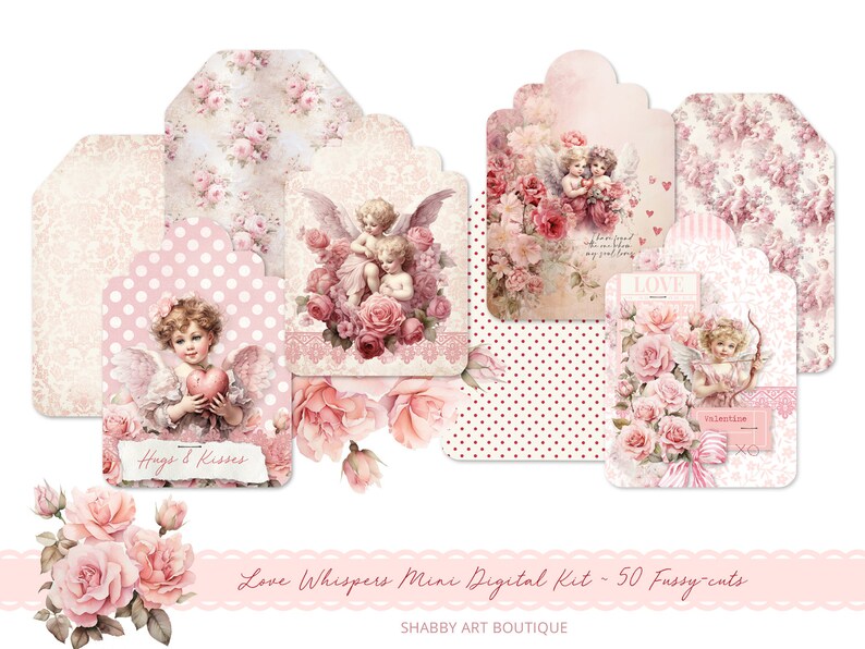 May include: A digital scrapbooking kit with 50 printable images featuring angels, roses, and hearts in pink, white, and red. The kit includes the text "Love Whispers Mini Digital Kit - 50 Fussy-cuts" and "Hugs & Kisses".