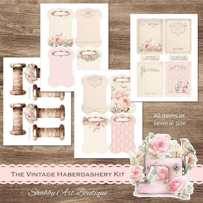 US Letter Vintage Haberdashery Digital Kit, Sewing Ephemera, Lace Bobbins, Button Cards, Printable Papers, Junk Journal, image 4