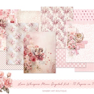 May include: A digital paper pack with 10 papers in 3 sizes featuring a romantic theme with pink roses, hearts, and cherubs. The papers are perfect for scrapbooking, card making, and other paper crafts.  Love Whispers Mini Digital Kit - 10 Papers in 3 Sizes.  Shabby Art Boutique.
