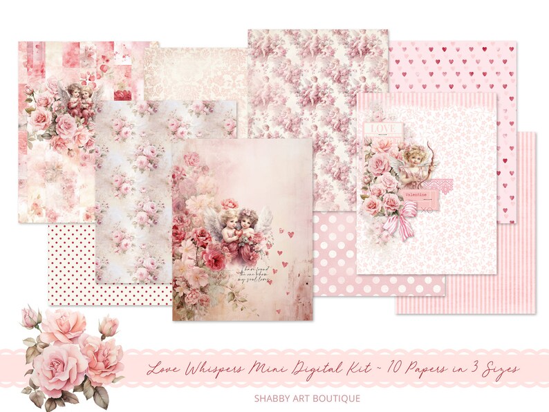 May include: A digital paper pack with 10 papers in 3 sizes featuring a romantic theme with pink roses, hearts, and cherubs. The papers are perfect for scrapbooking, card making, and other paper crafts.  Love Whispers Mini Digital Kit - 10 Papers in 3 Sizes.  Shabby Art Boutique.