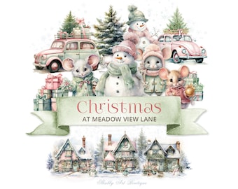 May include: A watercolor illustration of a winter scene with snowmen, mice, and houses. The text "Christmas at Meadow View Lane" is on a green banner.