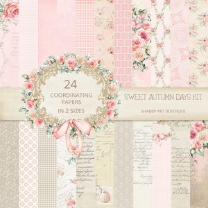 May include: A digital paper pack with 24 coordinating papers in two sizes. The papers feature a variety of patterns, including floral, plaid, and lace. The papers are in shades of pink, beige, and white. The text "Sweet Autumn Days Kit" and "Shabby Art Boutique" is included in the image.
