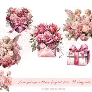 May include: A digital clipart set featuring pink roses, cherubs with wings, and gift boxes. The set is titled "Love Whispers Mini Digital Kit - 50 Fussy Cuts" and is from "Shabby Art Boutique".