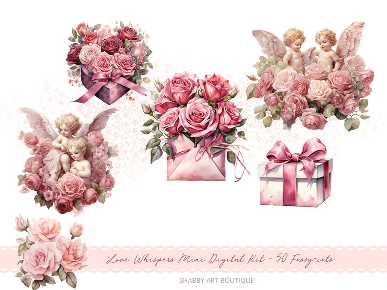 May include: A digital clipart set featuring pink roses, cherubs with wings, and gift boxes. The set is titled "Love Whispers Mini Digital Kit - 50 Fussy Cuts" and is from "Shabby Art Boutique".