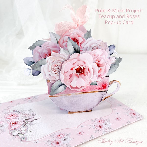 Imprimer et fabriquer : carte pop-up tasse de thé et roses