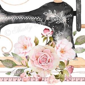 May include: A black vintage sewing machine with a wooden base, surrounded by pink and white roses and green leaves. The text "Shabby Art Boutique" is written in white on the machine.