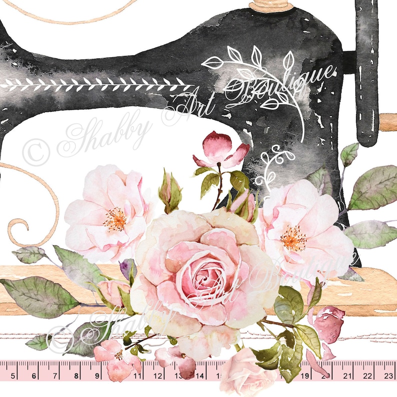 May include: A black vintage sewing machine with a wooden base, surrounded by pink and white roses and green leaves. The text "Shabby Art Boutique" is written in white on the machine.