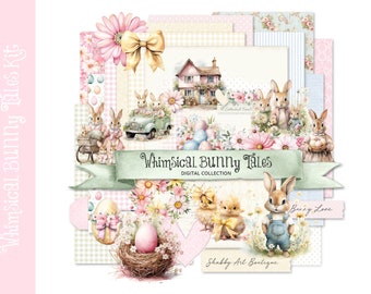 May include: Whimsical Bunny Tales digital collection featuring a variety of images with bunnies, flowers, eggs, and a cottage. The collection includes a banner with the text "Whimsical Bunny Tales" and "Shabby Art Boutique".