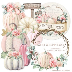 May include: A digital paper pack with 90 graphics and 23 pages of fussy cuts featuring watercolor illustrations of pumpkins, roses, and leaves in shades of pink, white, and green. The text "Pumpkin Patch" and "Sweet Autumn Days" is included in the design.