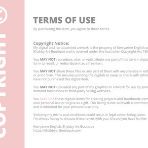 May include: A pink and white graphic with the word "COPYRIGHT" in large white letters on the left side and the text "TERMS OF USE" in black letters on the right side. The text below explains the terms of use for digital artwork, including copyright information and restrictions on reproduction, redistribution, and sharing.