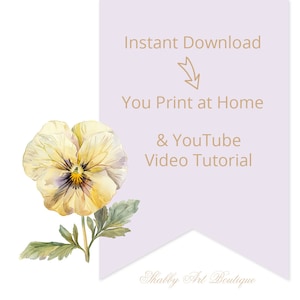 Peut inclure: T&eacute;l&eacute;chargement num&eacute;rique imprimable d'une peinture &agrave; l'aquarelle d'une pens&eacute;e jaune avec un centre violet. L'image comprend le texte "T&eacute;l&eacute;chargement instantan&eacute;", "Vous imprimez &agrave; la maison", "& Tutoriel vid&eacute;o YouTube", et "Shabby Art Boutique".