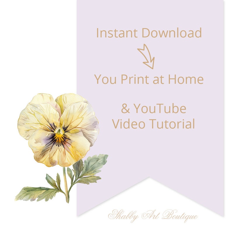 Peut inclure: T&eacute;l&eacute;chargement num&eacute;rique imprimable d'une peinture &agrave; l'aquarelle d'une pens&eacute;e jaune avec un centre violet. L'image comprend le texte "T&eacute;l&eacute;chargement instantan&eacute;", "Vous imprimez &agrave; la maison", "& Tutoriel vid&eacute;o YouTube", et "Shabby Art Boutique".