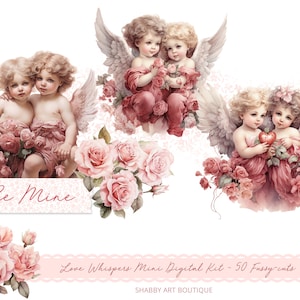 May include: Digital clipart set featuring three images of cherubs with pink wings and pink roses. The text "Be Mine" is included in the image.