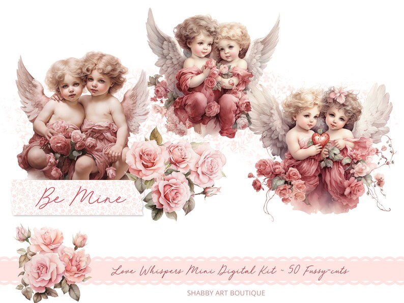 May include: Digital clipart set featuring three images of cherubs with pink wings and pink roses. The text "Be Mine" is included in the image.