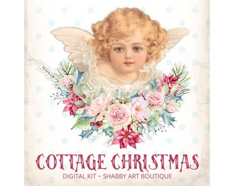 May include: A digital art kit featuring a vintage illustration of an angel with wings, holding a bouquet of pink roses, red poinsettias, and green holly. The text "Cottage Christmas" is written in red script below the image. The background is a light blue with white polka dots.