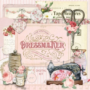 Puede incluir: Un kit de scrapbooking digital con un tema de costura vintage. El kit incluye imágenes de una máquina de coser, carretes de hilo, tijeras, botones y flores. El texto "The Vintage Dressmaker - Shabby Art Boutique" se presenta en una fuente decorativa.