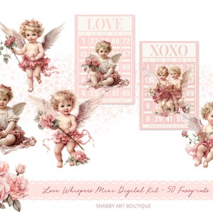 May include: A digital scrapbooking kit with 50 printable images featuring pink cherubs with wings, roses, and bingo cards with the words "LOVE" and "XOXO".