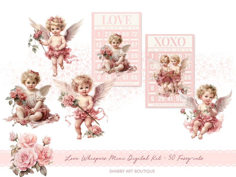 May include: A digital scrapbooking kit with 50 printable images featuring pink cherubs with wings, roses, and bingo cards with the words "LOVE" and "XOXO".