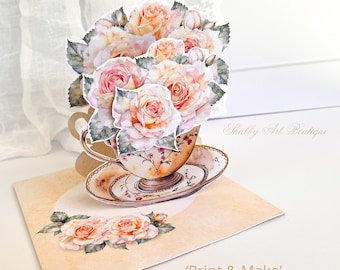 Print & Make: Teacup and Yellow Roses Pop-up Card (Letter and A4)