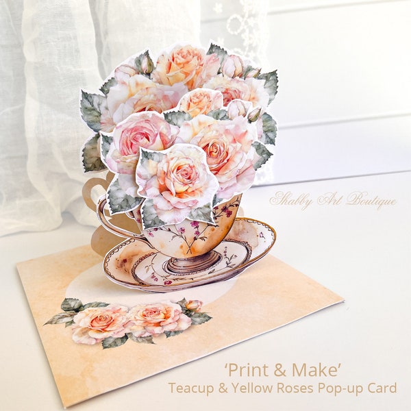 Print & Make: Teetasse und gelbe Rosen Pop-up-Karte (Letter und A4)