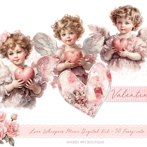 May include: Digital Valentine's Day clipart set featuring three pink cherubs with wings, holding hearts, and a pink and white heart with a vintage design. The text "Love Whispers Mini Digital Kit - 50 Fussy Cuts" and "Valentine" are also included.