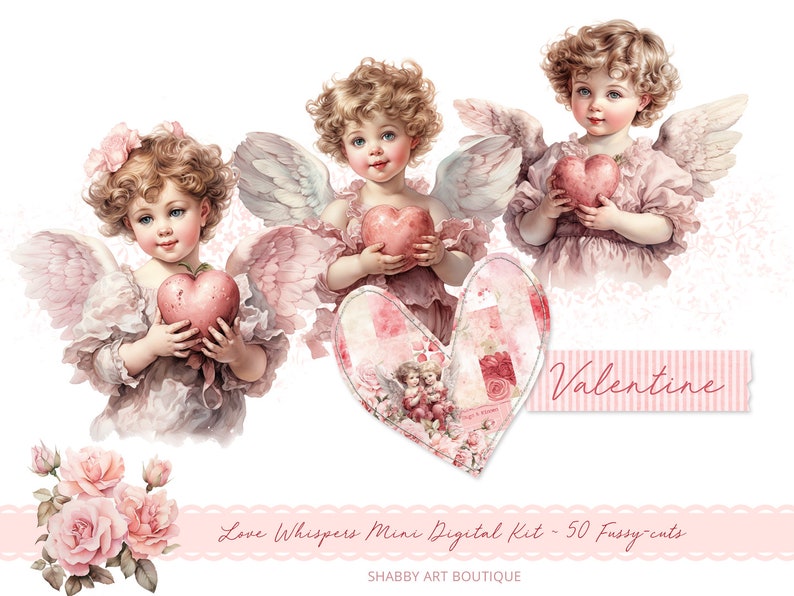May include: Digital Valentine's Day clipart set featuring three pink cherubs with wings, holding hearts, and a pink and white heart with a vintage design. The text "Love Whispers Mini Digital Kit - 50 Fussy Cuts" and "Valentine" are also included.