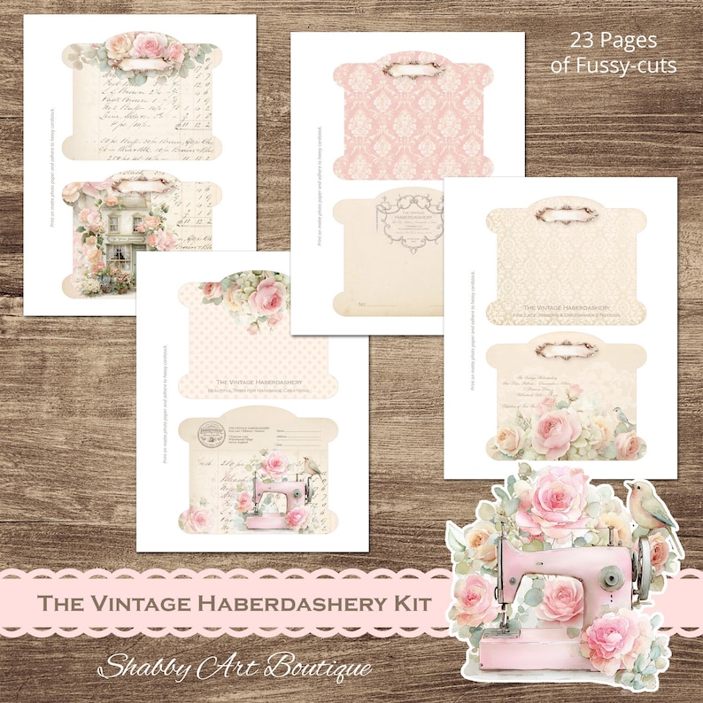 May include: A selection of paper ephemera with floral and lace patterns, including a pink sewing machine illustration. The text "THE VINTAGE HABERDASHERY KIT" and "Shabby Art Boutique" are visible. The image includes 23 pages of fussy cuts.
