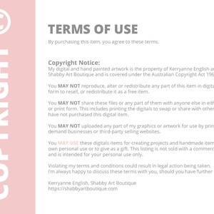 Op de afbeelding: Een roze en witte afbeelding met het woord "COPYRIGHT" in grote witte letters aan de linkerkant en de tekst "TERMS OF USE" in zwarte letters aan de rechterkant. De tekst hieronder legt de gebruiksvoorwaarden uit voor digitale kunstwerken, inclusief auteursrechtelijke informatie en beperkingen met betrekking tot reproductie, herdistributie en delen.