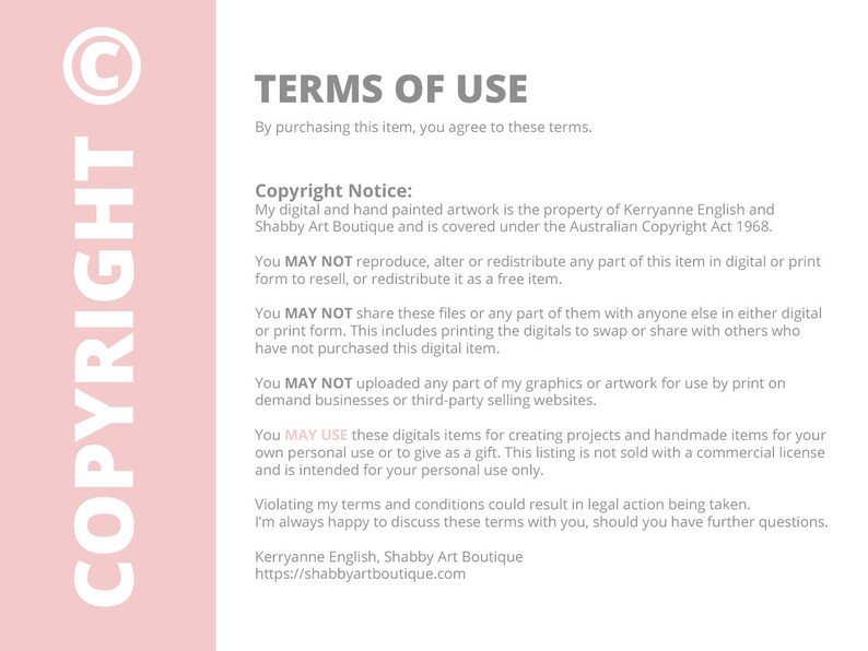 Op de afbeelding: Een roze en witte afbeelding met het woord "COPYRIGHT" in grote witte letters aan de linkerkant en de tekst "TERMS OF USE" in zwarte letters aan de rechterkant. De tekst hieronder legt de gebruiksvoorwaarden uit voor digitale kunstwerken, inclusief auteursrechtelijke informatie en beperkingen met betrekking tot reproductie, herdistributie en delen.