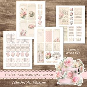 May include: A selection of vintage paper ephemera, such as tags and labels, featuring floral and sewing machine designs. The image includes the text "THE VINTAGE HABERDASHERY KIT" and "Shabby Art Boutique".